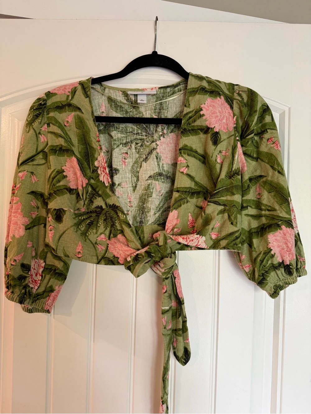 Agua Bendita Green Floral Tie-Front Crop Top with Pink Blooms
